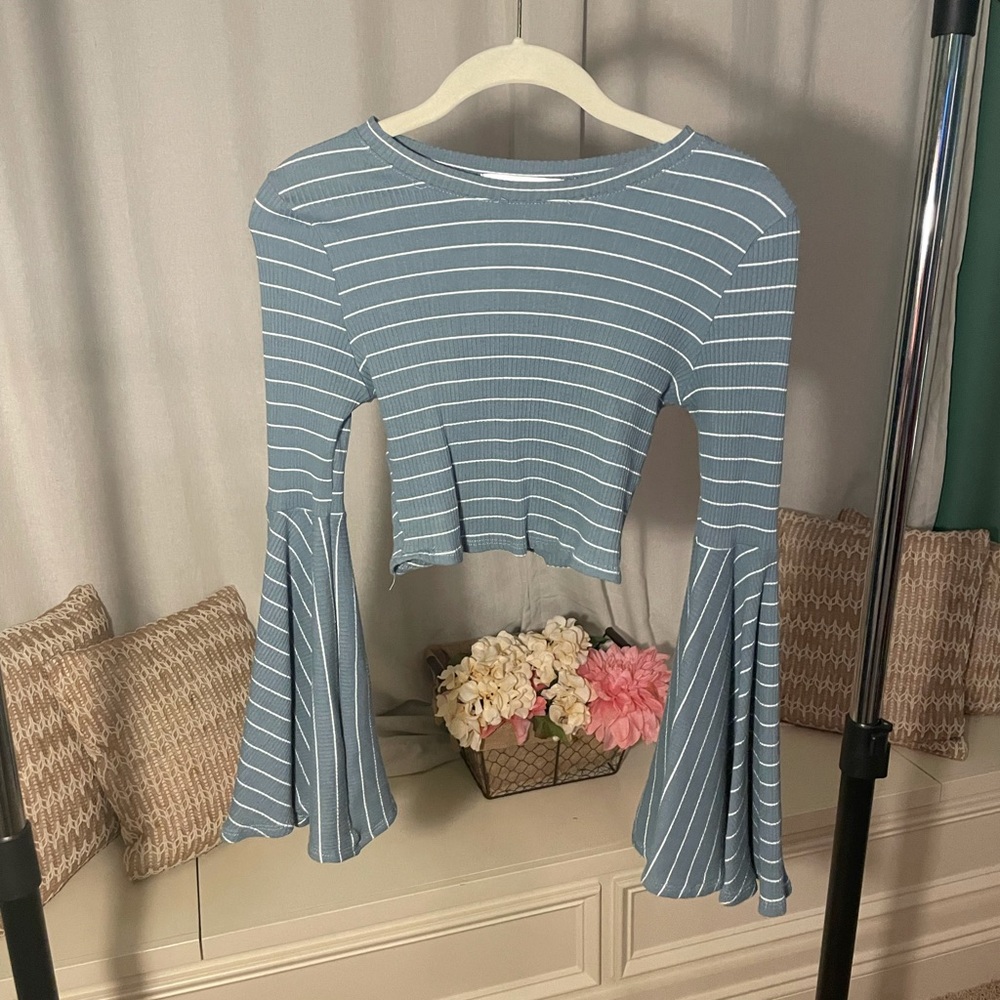 Teal Striped Crop Top with Bell Sleeves